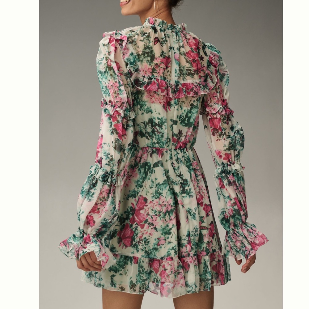 Mac Duggal Long-Sleeve Ruffled Floral Chiffon🦋Tiered Mini Dress Anthrop…